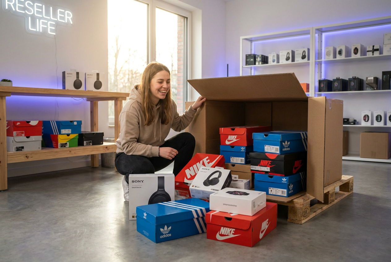 Reseller unboxing a liquidation pallet of retail returns